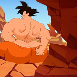 1boy ass_cleavage ass_peek ass_peeking_out_of_pants bara bara_ass big_ass big_butt black_hair butt_crack canyon dragon_ball dragon_ball_super dragon_ball_z gay giant giant_male huge_ass huge_butt male male_giant male_only muscular muscular_back muscular_male saiyan sajoker solo son_goku wide_shoulders