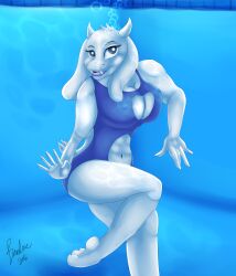 1girls anthro belly_cutout bovid breasts caprine cleavage_cutout clothing cutout female fur goat hi_res mammal nipple_outline one-piece_swimsuit purple_clothing solo swimming_pool swimwear the-blub-meister toby_fox toriel undertale undertale_(series) underwater water white_body white_fur