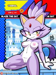 2024 3:4 5_fingers alternate_version_at_source anthro areola artist_name athletic athletic_female bedroom_eyes blaze_the_cat blush breasts building cloud domestic_cat english_text felid feline felis female fingers forehead_gem gem genitals hair hi_res innie_pussy looking_at_viewer mammal medium_breasts narrowed_eyes navel nipples nude_anthro nude_female pink_areola pink_nipples ponytail portrait pussy seductive sega sitting skwid sky smile solo sonic_(series) sonic_the_hedgehog_(series) tail text three-quarter_portrait water