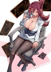 1girls animahakim big_breasts blush clothed clothing color female female_focus female_only hi_res kari_tsukumo large_breasts light-skinned_female light_skin long_hair looking_at_viewer red_hair sitting solo solo_female stockings tagme thick_thighs yu-gi-oh! yu-gi-oh!_zexal