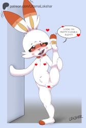 anthro blush censored female fur generation_8_pokemon heart_symbol hi_res leaning_on_wall nintendo orange_eyes patreon_ad pokemon pokemon_(species) raised_foot scorbunny solo speech_bubble tagme text ultama_lokshar_(artist) url white_body white_fur