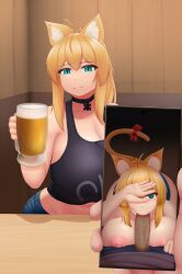 1girls 2boys animal_ears areolae beer beer_mug blonde_hair blowjob blowjob_face blue_eyes breasts cat_ears cat_girl cat_tail catgirl cleavage dark-skinned_male dark_skin erect_nipples freckles freckles_on_face huge_breasts indie_virtual_youtuber light-skinned_female light-skinned_male light_skin looking_at_partner mug nekomimi nipples ntr nude nude_female oral oral_penetration oral_sex outdoors phone phone_screen pov public tagme tagme_(artist) thor_chan virtual_youtuber vrchat vtuber