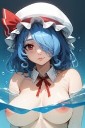 ai_generated blue_background blue_hair blush breasts closed_mouth detached_collar female freckles hair_over_one_eye hat hat_ribbon highres large_breasts lips looking_at_viewer medium_hair mob_cap neck_ribbon nipples nude partially_submerged partially_underwater_shot red_eyes red_ribbon remilia_scarlet ribbon self-upload short_hair skinny_dipping smile solo solo_focus touhou underwater upper_body water white_headwear wombat9043