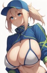 1girls ai_generated artoria_pendragon bikini blonde_hair blue_eyes fate/grand_order fate_(series) female female_focus female_only hat hips long_hair mysterious_heroine_xx mysterious_heroine_xx_(foreigner) simple_background smile sole_female solo solo_female solo_focus stable_diffusion thick_thighs thighs wet white_background white_bikini wide_hips