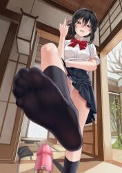 absurdres ahoge black_hair black_skirt black_socks bondage bow breasts brown_eyes chastity_cage collared_shirt commentary_request erection feet female femdom foot_focus foot_out_of_frame greek_toe hair_between_eyes hair_ribbon highres indoors kimi_no_na_wa. middle_finger miyamizu_mitsuha no_shoes open_mouth panties penis pink_chastity_cage pleated_skirt red_bow ribbon shirt short_hair short_sleeves skirt small_breasts small_penis small_penis_humiliation smile socks soles solo_focus standing standing_on_one_leg toenails toes underwear white_panties xo_(xo17800108)