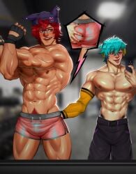 abs alternate_version_available aphelios ass ass_grab bara beanie biceps big_pecs blue_hair blue_hair_bottom blush domination gay gym gym_clothes gym_shorts headphones heartsteel_aphelios heartsteel_series heartsteel_sett holding_phone league_of_legends light_hair_on_dark_hair male male_focus male_only male_with_painted_nails mirror muscles muscular muscular_male nipples painted_nails pecs pubes pubic_hair red_hair red_hair_on_blue_hair red_hair_top renishi9 sett size_difference yaoi