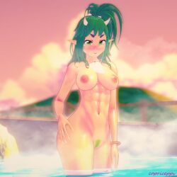 3am big_breasts cavewoman green_hair hot_spring indie_virtual_youtuber meat_(vtuber) muscular_female pubic_hair virtual_youtuber vtuber