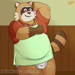 1:1 2024 anthro apron brown_body bulge clothing clumsydrawing hi_res male male_only mammal open_mouth overweight overweight_male procyonid raccoon rascal_(robot_dreams) red_nose robot_dreams shirt smile solo topwear underwear