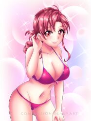 ahoge belly belly_button bikini cleavage commission enly_art ethlyn_(fire_emblem) female fire_emblem fire_emblem:_genealogy_of_the_holy_war hand_on_thigh hands_behind_head intelligent_systems pink_bikini pink_eyes pink_hair sideboob smile solo_female thighs