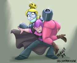 1boy 1girls artist_name ass ass_focus ass_grab ass_up belt blonde_hair bomb bow bowtie brawl_stars cape carrying carrying_partner coat duo eyelashes female fully_clothed hi_res high_heels high_resolution highres lifting long_nose mortis_(brawl_stars) no_arms no_nose nose_scar pink_clothing pointy_ears purple_hair robot robot_girl robot_humanoid rule_63 scar scar_across_nose simple_background smile smiling standing tick_(brawl_stars) tights torule34 vampire