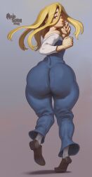 2022 5_fingers back_view beige blonde_hair brown_eyes cheese_(modeseven) femboy fully_clothed girly huge_butt human jeans lips long_hair looking_back looking_back_at_viewer modeseven shoes signature solo standing_on_one_leg thick_thighs wide_hips