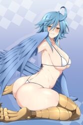 1girls alternate_breast_size ass big_ass big_butt bikini blue_feathers blue_hair breasts butt feathered_wings feathers female harpy lindaroze milf monster_girl monster_musume_no_iru_nichijou papi_(monster_musume) solo solo_female thick_thighs thighs wings