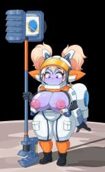 1girls areolae astronaut astronaut_poppy astronauts_series big_breasts blonde_hair blush bodysuit breasts female huge_breasts league_of_legends marshort nipples poppy purple_eyes purple_skin riot_games shortstack smaller_female solo standing twintails voluptuous wide_hips yordle