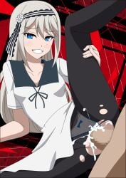 1boy 1girls blue_eyes censored cum cum_in_pussy cum_inside female human kaguya-sama_wa_kokurasetai_~tensai-tachi_no_renai_zunousen~ long_hair male one_leg_up sex shirogane_kei sister smile vaginal_penetration white_hair