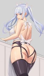 1girls 2020 apron ass bangs blue_eyes blue_hair blunt_bangs blush bow breasts cowboy_shot dhrmawk159 eyebrows_visible_through_hair female female_focus female_only from_side garter_belt garters gom_sea grey_background hairbow highres large_breasts last_origin lips long_hair open_mouth partially_colored skindentation solo solo_female sowan_(last_origin) teeth thighhighs thunder_thighs upper_teeth