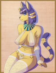 2022 animal_crossing ankha ankha_(animal_crossing) anthro big_breasts breasts clothed clothing conditional_dnp domestic_cat egyptian_clothing egyptian_headdress felid feline felis female fur furry furry_only genitals hi_res ineffective_clothing jewelry kadath looking_at_viewer mammal nintendo pussy simple_background solo tail thick_thighs translucent translucent_clothing video_games