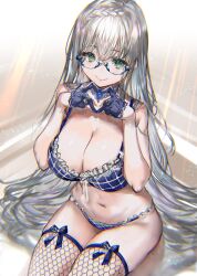 1girls 2022 braid breasts choker eyebrows_visible_through_hair female female female_focus female_only fishnets frills from_above glasses gloves green_eyes hair_between_eyes heart heart_hands highres large_breasts long_hair looking_up navel original pale_skin ran'ou_(tamago_no_kimi) semi-rimless_eyewear silver_hair sitting smile solo solo_female thighhighs