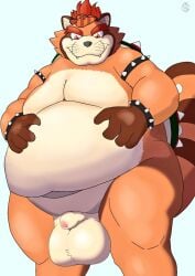 1boy 2022 anthro balls belly big_balls big_belly black_nose bowser brown_body canid canine cute_fangs genitals humanoid_genitalia humanoid_hands humanoid_penis kemono leaf looking_back male male_only mammal mario_(series) moobs nintendo obese obese_male overweight overweight_male panthera7uncia penis raccoon_dog simple_background solo solo_male standing super_mario_3d_land tanuki testicles video_games