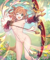 1girls arrow_(projectile) auburn_hair bow_(weapon) breasts female female_only green_eyes inosaki_rino light-skinned_female nipples nude princess_connect! princess_connect!_re:dive pussy rino_(princess_connect!) small_breasts smile third-party_edit uncensored weapon