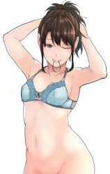 armpits arms_up blue_bra bottomless bra brown_eyes brown_hair female female_only gintama hands_on_head kobaji lace-trimmed_bra looking_at_viewer one_eye_closed ponytail shimura_tae small_breasts solo tying_hair wink