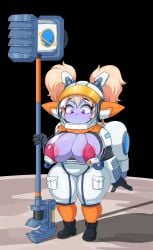 1girls astronaut astronaut_poppy astronauts_series big_breasts blonde_hair blush bodysuit breasts female huge_breasts league_of_legends marshort poppy purple_eyes purple_skin riot_games shortstack smaller_female solo standing twintails voluptuous wide_hips yordle