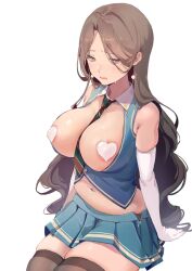 1girls 2021 :o absurdres alternate_version_available between_breasts black_legwear black_panties blue_skirt blue_vest breasts brown_eyes brown_hair cleavage earrings elbow_gloves female female female_focus female_only gloves highres huge_breasts jewelry light_blush long_hair mature_female ming_jiangjun miniskirt mole mole_under_eye navel necktie necktie_between_breasts open_mouth original panties panty_peek pleated_skirt simple_background sitting skindentation skirt sleeveless solo solo_female striped_necktie sweatdrop thick_arms thick_thighs thighhighs thighs two-tone_neckwear underwear vest white_background white_gloves zettai_ryouiki