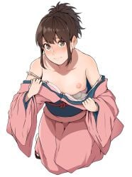 1girls 2022 blush bra bra_down brown_eyes brown_hair embarrassed female female_only flat_chest gintama kimono kneeling kobaji light-skinned_female light_skin looking_at_viewer obi off_shoulder one_breast_out open_kimono ponytail realistic_breast_size shimura_tae simple_background small_breasts solo teenage_girl teenager undressing white_background