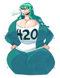 420_(number) big_breasts big_hips child_bearing_hips green_eyes green_hair hands_on_hips inkling inkling_girl large_hips mad monstergrotto splatoon squid_game tentacle_hair toxictoothpick wasabi_(toxictoothpick) wide_hips