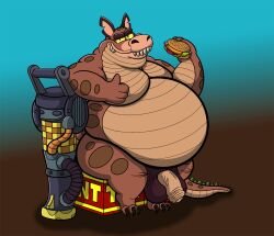 2021 3_toes 4_fingers activision anthro balls belly big_belly burger canid canine canis claws crash_(series) crocodile crocodilian crocodylid dingo dingodile explosives fangs feet fingers flaccid food foreskin genitals gesture gun holding_burger holding_food holding_object hybrid looking_at_viewer male male_only mammal moobs notched_ear nude obese obese_anthro obese_male overweight overweight_anthro overweight_male penis ranged_weapon reptile saggy_balls scalie sewergator sitting smile solo thick_thighs thumbs_up tnt tnt_crate toe_claws toes video_games weapon yellow_eyes