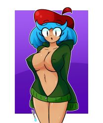 beret black_eyes blue_hair dark-skinned_female hoodie kanvas_(lenoxmst) lenoxmst nipples_covered nipples_visible_through_clothing oc original_character side_boob sweater underboob zipper_down