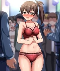 2girls absurdres bra breasts brown_eyes brown_hair cowboy_shot embarrassed highres indoors kaga_(kantai_collection) kantai_collection long_hair medium_breasts multiple_boys multiple_girls open_mouth panties picot_trim picot_trim_bra picot_trim_panties red_bra red_panties road short_sidetail side_ponytail street sweatdrop underwear zanntetu zuikaku_(kantai_collection)