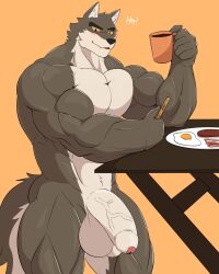 2022 anatake anthro bacon balls barazoku beverage biceps big_balls big_muscles big_penis blush canid canine canis cellphone coffee coffee_mug container cup dialogue dreamworks egg english_text eyebrows flaccid food foreskin fur furniture genitals hi_res holding_cup holding_object holding_phone huge_balls huge_cock huge_muscles humanoid_genitalia humanoid_penis male male_only mammal meat mr._wolf_(the_bad_guys) muscular muscular_anthro muscular_male nude orange_background pecs penis phone plate quads sausage simple_background smartphone solo standing table text the_bad_guys tuft vein veiny_penis wolf