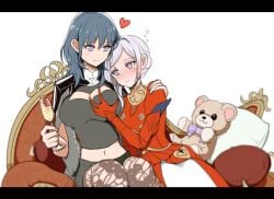 2girls bangs belly_button blue_eyes blue_hair blurry blush breast_grab breasts brown_legwear byleth_(fire_emblem) byleth_(fire_emblem)_(female) cape cleavage cleavage_cutout closed_mouth clothing_cutout couch cup depth_of_field dress drink drinking_glass edelgard_von_hresvelg elbow_gloves eyebrows_visible_through_hair female female_only fire_emblem fire_emblem:_three_houses fr0zennnnnnet gloves grabbing hand_on_another's_shoulder heart highres holding holding_cup hug human large_breasts leggings long_hair looking_at_another looking_at_breasts looking_down medium_hair midriff multiple_girls navel nieto_tokage nintendo pantyhose parted_bangs patterned_legwear pillow post-timeskip print_legwear purple_eyes red_dress red_gloves short_hair side_ponytail silver_hair simple_background sitting smile stuffed_animal stuffed_toy symbol-only_commentary teal_hair teddy_bear white_background wine_glass yuri