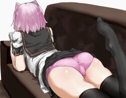 animal_print ass black_legwear black_sailor_collar black_skirt book couch feet feet_up female from_behind gekiteki_na_beefsteak highres kantai_collection lying on_stomach panties pink_hair pink_panties pleated_skirt reading sailor_collar sailor_shirt school_uniform serafuku shirt short_hair short_sleeves simple_background skirt solo tama_(kantai_collection) the_pose thighhighs tiger_print underwear white_background