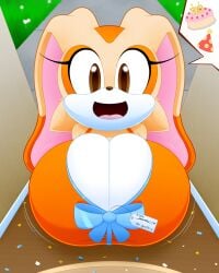 :p aged_up big_breasts birthday_cake boob_window breasts cake cream_the_rabbit grass no_bra outside party_hat rabbit slickehedge sonic_(series) sonic_advance_2 sonic_the_hedgehog_(series) tag