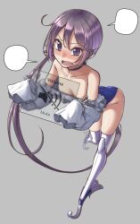 akebono_(kantai_collection) bangs bare_shoulders blank_speech_bubble blush breasts choker cleavage cosplay eyebrows_visible_through_hair fate/grand_order fate_(series) female flower frills grey_background hair_flower hair_ornament highres holding kantai_collection long_hair meltryllis_(cosplay) mute nose_blush oerba_yun_fang open_mouth purple_eyes purple_hair side_ponytail simple_background skin_fang sleeves_past_fingers sleeves_past_wrists small_breasts solo speech_bubble swimsuit template thighs volume_symbol yuki_to_hana