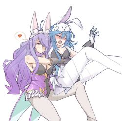 2girls atomic_drop blue_hair blush catfight clothing cuntbusting embarrassing fake_rabit_ear female_only long_hair low_blow multiple_girls open_mouth purple_hair wrestling wrestling_ring wrestlingryona yuri