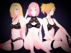 3girls artist_request big_breasts blonde_hair blue_eyes bra crude_drawing female female_only green_eyes hair_over_one_eye ino_yamanaka leg_strap lingerie long_hair medium_breasts midriff multiple_girls naruto naruto:_the_last naruto_(series) naruto_shippuden panties pink_hair sakura_haruno shoulder_length_hair sitting small_breasts take_your_pick temari twintails very_long_hair yellow_hair