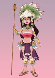 1girls armlet aztec black_hair bracelet brown_eyes facepaint headdress loincloth long_hair mask native_american native_american_female original original_character samasan sandwiched tubetop voluptuous