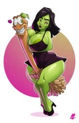 areolae banjo-kazooie black_hair breasts broomstick covered_nipples female game_over_gruntilda green_skin gruntilda gruntilda's_broomstick negadadko rareware smile witch