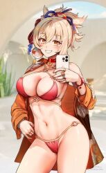 1girls 2022 alternate_version_available anime_style bikini blonde_hair blush breasts chest_tattoo cleavage female female_only foxy_rain_(foxyreine) foxyrain_(foxyreine) foxyreine genshin_impact hair_ornament hips holding_object large_breasts orange_eyes phone ponytail selfie slim_waist smile tattoo thick_thighs thighs tongue tongue_out white_topwear wide_hips yoimiya_(genshin_impact)