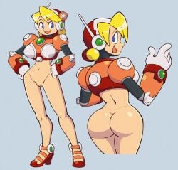 alia android ass back back_view big_ass blonde_hair blue_eyes bottomless capcom high_heels looking_back mega_man mega_man_x navel pussy robot robot_girl sandals stealth_brock vhfd