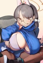 animal_ears blue_archive blue_sweater bra breasts eyebrows_visible_through_hair fake_animal_ears female glasses grey_hair hair_ornament hairband halo highleg highleg_panties highres huge_breasts large_breasts long_hair low_twintails moe_(blue_archive) naughty_face panties pantyhose pom_pom_(clothes) pom_pom_hair_ornament rabbit_squad_(blue_archive) round_eyewear srt_special_academy_student sweater sweater_lift turtleneck turtleneck_sweater twintails underwear waterswing white_bra yellow_eyes