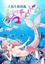1girls breasts cover cover_page female female_focus fish fish_tail hair highres japanese_text jpeg loincloth long_hair marikei0109 merfolk mermaid monster_girl nipples nude open_mouth original pink_hair pink_tail shell shell_bikini small_breasts smile tail text title topless translation_request underwater water yellow_eyes