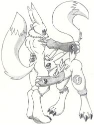 anthro armband ass bandai_namco bent_over black_sclera chest_tuft claws digimon digimon_(species) dogwash duo eye_contact fellatio female graphite_(artwork) hi_res leg_grab leg_markings looking_at_another male male/female markings oral pencil_(artwork) penile renamon sex standing tail tail_grab toe_claws traditional_media_(artwork) tuft yin_yang