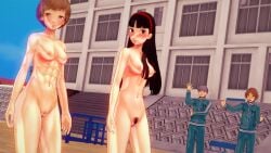 2girls 3d abs amagi_yukiko areolae atlus barefoot beach breasts busty casual caught_in_the_act completely_nude effineffer embarrassed exhibitionism female female_focus female_only hanamura_yousuke hourglass_figure human muscular_female narukami_yu nipples nude persona persona_4 pubic_hair public pussy running satonaka_chie seta_souji streaking