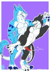 absurd_res anthro bodily_fluids cum cum_inside cumming_together genital_fluids hand_holding hi_res holding_leg looking_at_another looking_at_partner looking_pleasured male male/male mizuiro_chizu muscular poli_adamantes sergal