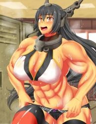 1girls abs biceps black_hair breasts brown_eyes cleavage drums_(flavius_dramus) female female_focus highres kantai_collection large_breasts light-skinned_female light_skin long_hair muscular muscular_female nagato_(kantai_collection) panties pose solo sweat underwear