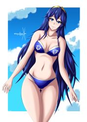 1girls alternate_costume ass_visible_through_thighs bare_legs bikini blue_bikini blue_eyes blue_hair blue_swimsuit breasts collarbone female female_only fire_emblem fire_emblem_awakening looking_at_viewer lucina_(fire_emblem) nintendo outdoors small_breasts smile solo sonicheroxd tiara