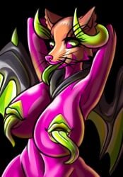 absurd_res anthro black_background black_wings canid canine crown_(usernamecrownisalreadytake) demon digital_drawing_(artwork) digital_media_(artwork) fapchop female fox green_eyes green_horn green_nipples green_tongue green_wings hands_behind_head hi_res hood horn long_tongue mammal membrane_(anatomy) membranous_wings nipple_mouth nipples open_mouth orange_body purple_body purple_eyes purple_nose raised_arm rubber simple_background solo tongue tongue_out whiskers wings